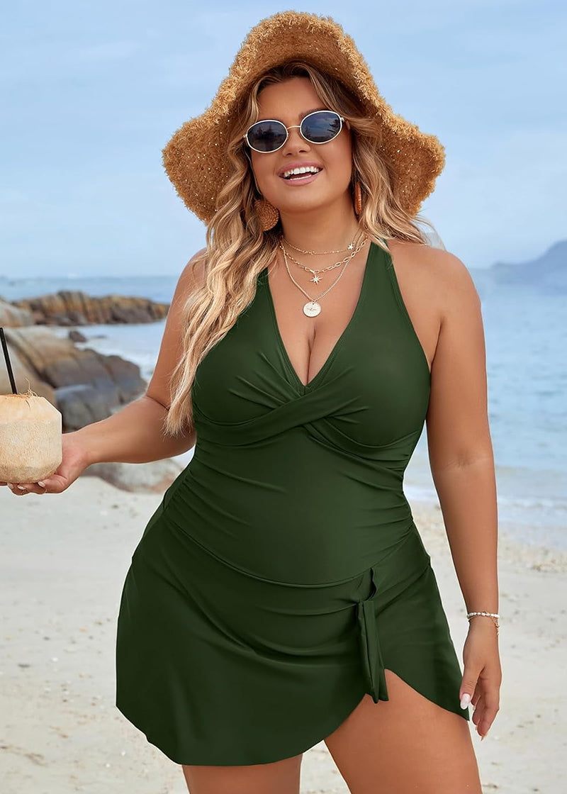 Plus Size Tummy Control Knot Detailed Swimdress