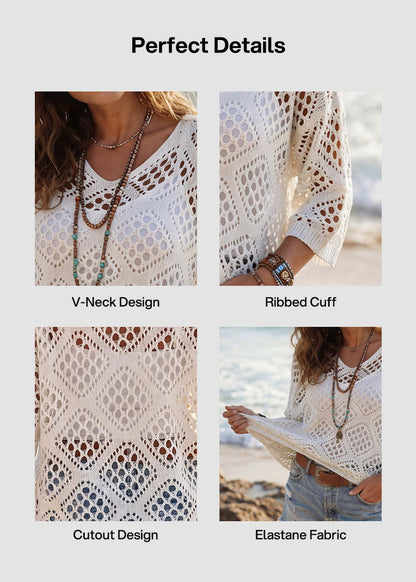Casual Knit Hollow-Out 3/4 Batwing Sleeve Lightweight Summer Sweater