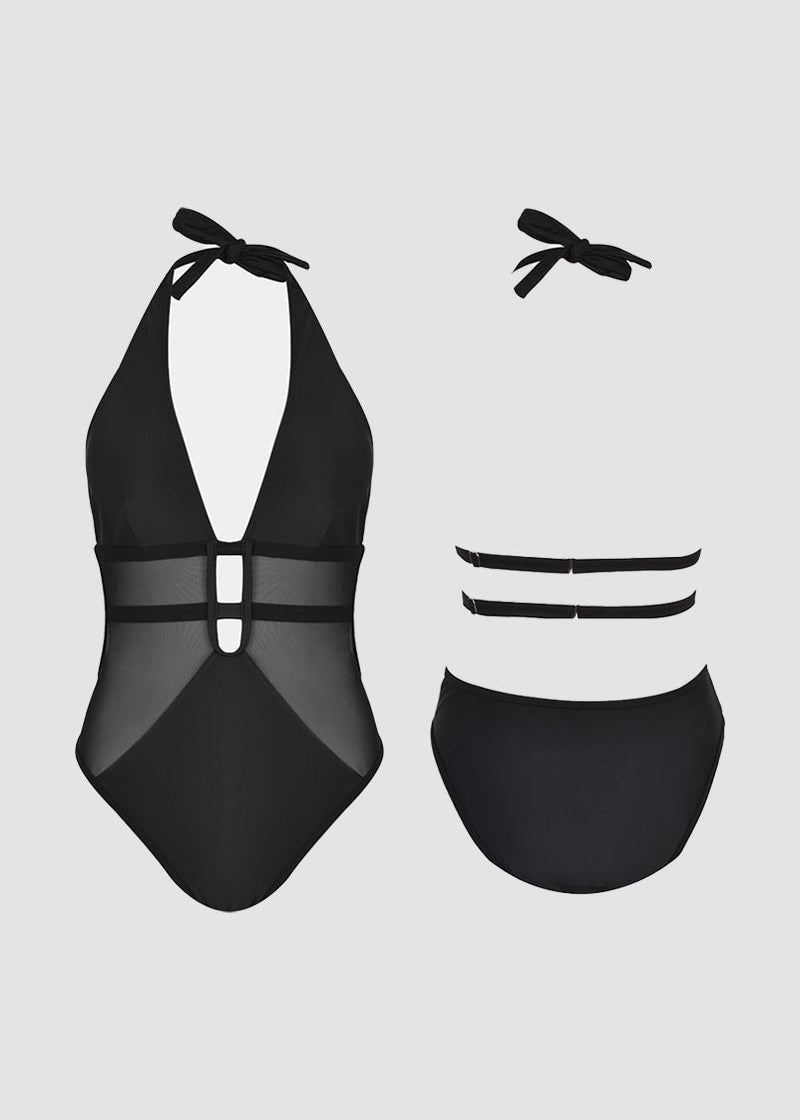 Mesh Deep V Halter One Piece Swimsuit