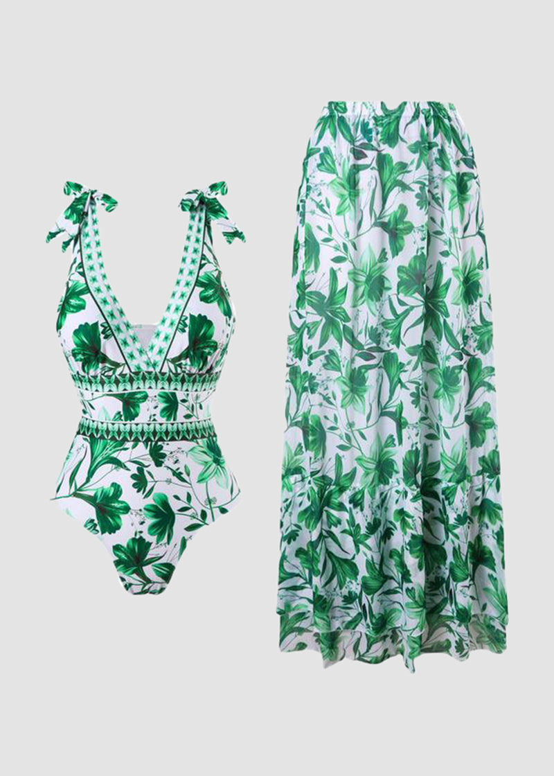 V Neck Lace Up Printed One Piece Swimsuit and Skirt